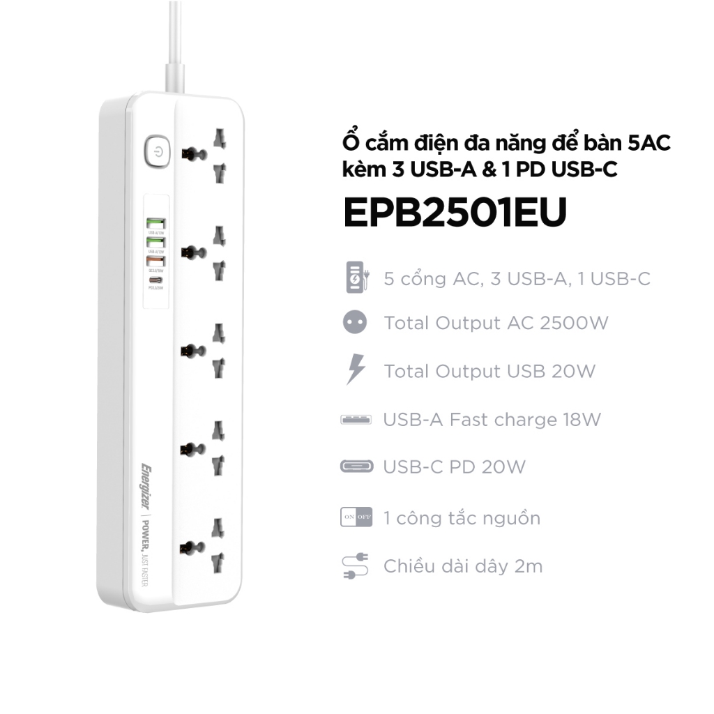 Ảnh Ổ điện đa năng 5AC kèm 3USB-A và 1USB-C sạc nhanh PD (max 20W) - Hàng chính hãng, bảo hành 1 năm 1