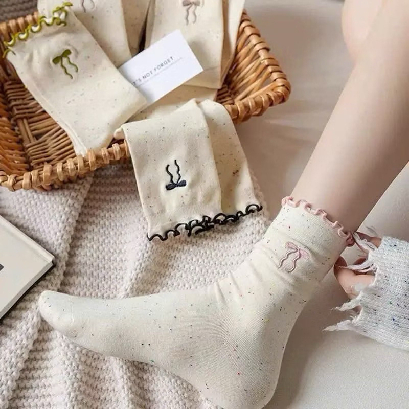 Set 10 Đôi Tất Cổ Nhún Phối Viền Bèo Hoạ Tiết Nơ Dễ Thương