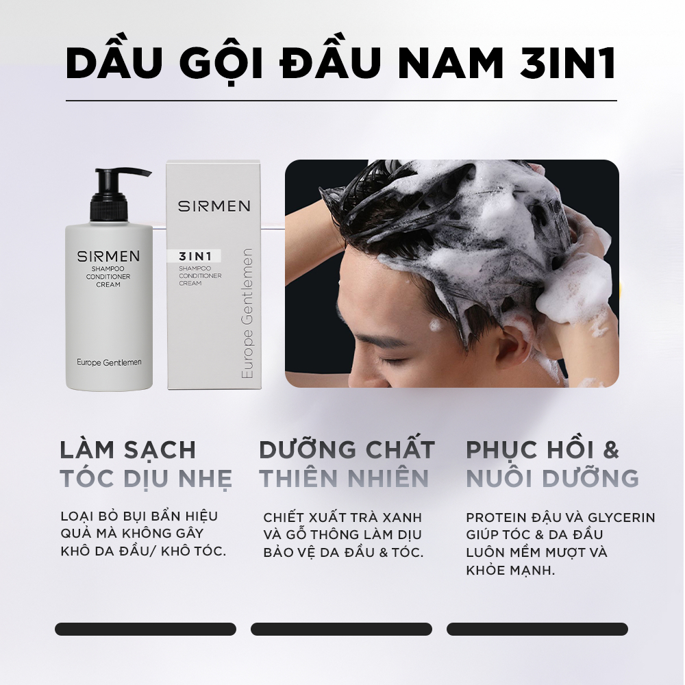 Ảnh Dầu gội nam 3 in 1 hương nước hoa châu Âu SIRMEN Europe Gentlemen giúp sạch da đầu, tóc chắc khoẻ công nghệ EU-Nano 320g 4