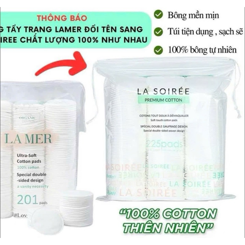 Bông tẩy Trang 100% Cotton La Soirée gói 225 miếng tròn - hạn 2028  IS406