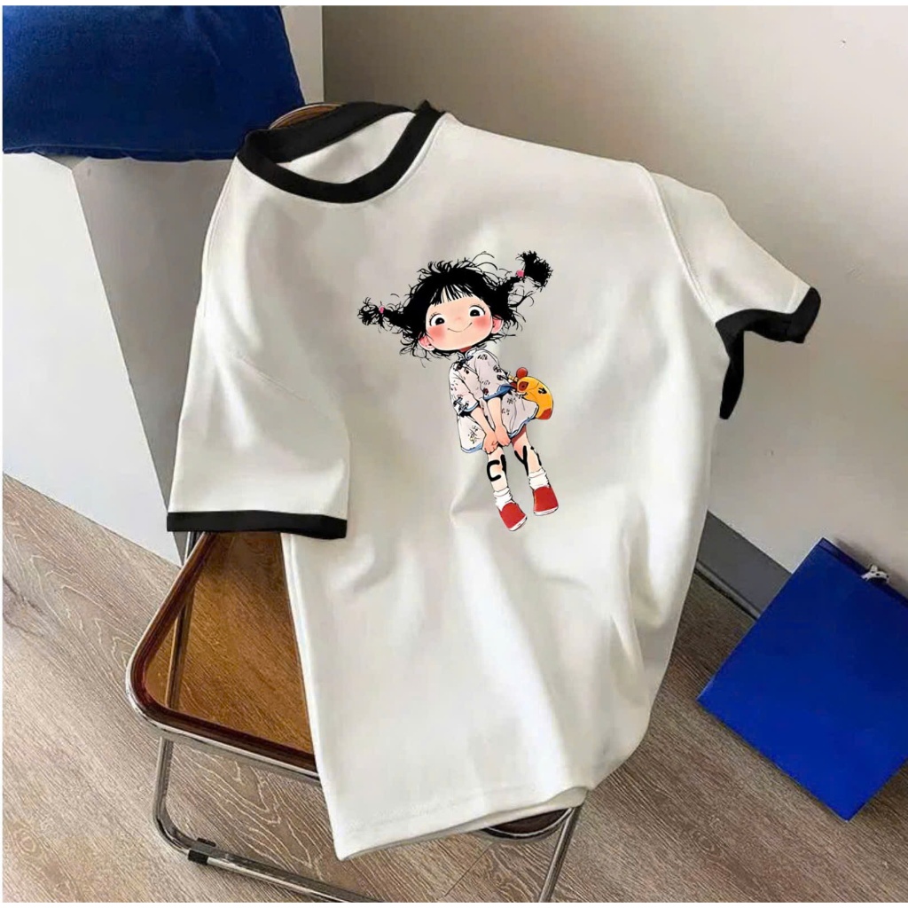 Áo thun Trắng bo viền in hình siêu xinh JULY FASHION, Áo thun nữ Chất Cotton 4 chiều thấm hút mồ hôi in hình trẻ trung