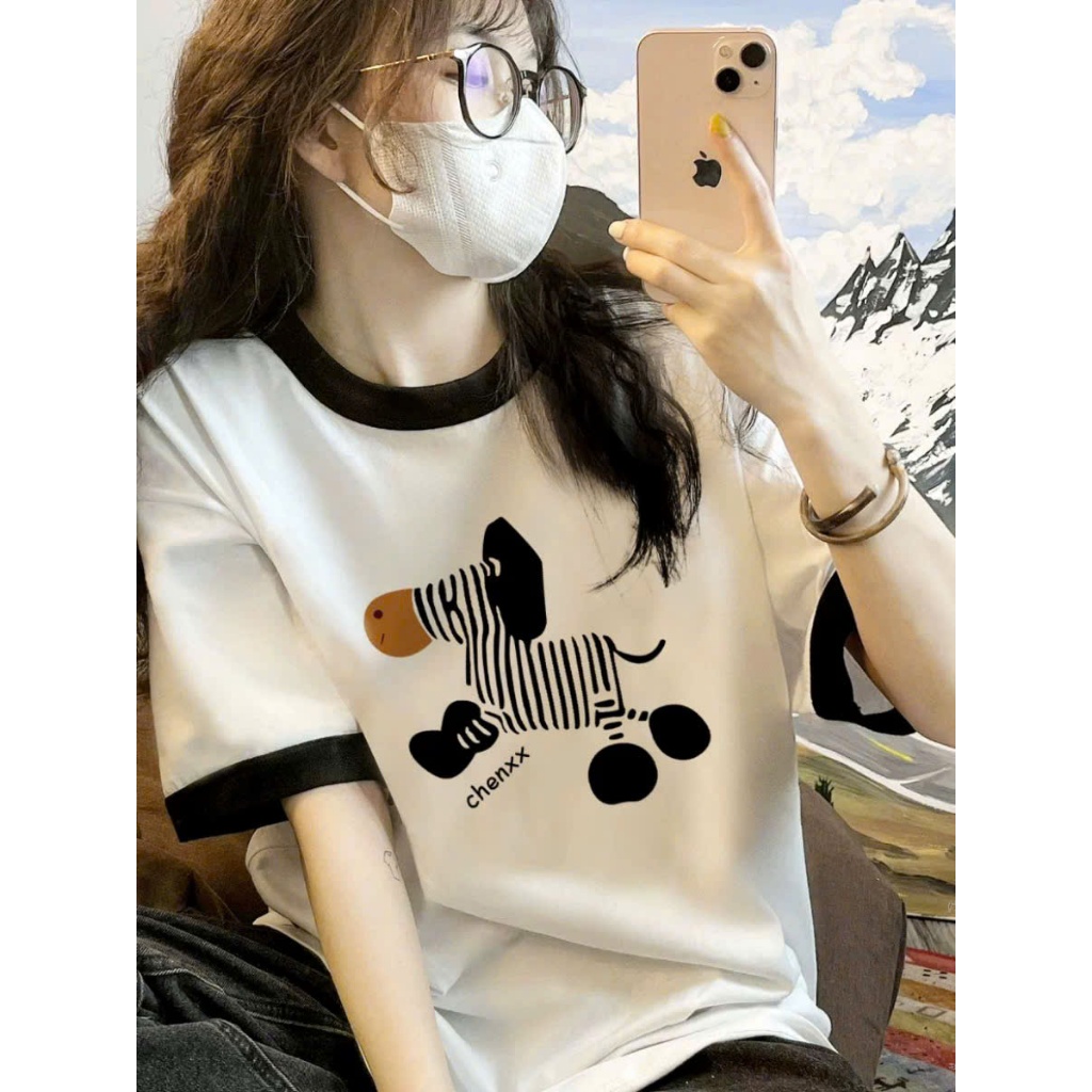 Áo thun Trắng bo viền in hình siêu xinh JULY FASHION, Áo thun nữ Chất Cotton 4 chiều thấm hút mồ hôi in hình trẻ trung