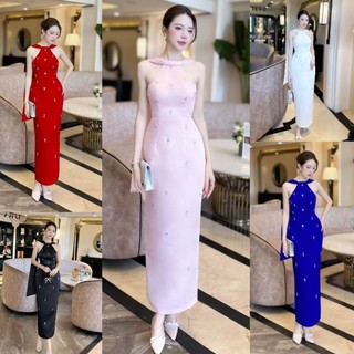 Đầm dạ hội body dáng dài dây choàng đính pha lê tặng hoa tai