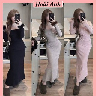 Set Bộ Đồ Nữ Len Thỏ Ôm Body Áo Trễ Lệch Vai Bèo Đính Cúc Tay Lông Nhún Eo Mix Chân Váy Đuôi Cá Dáng Dài Freesize