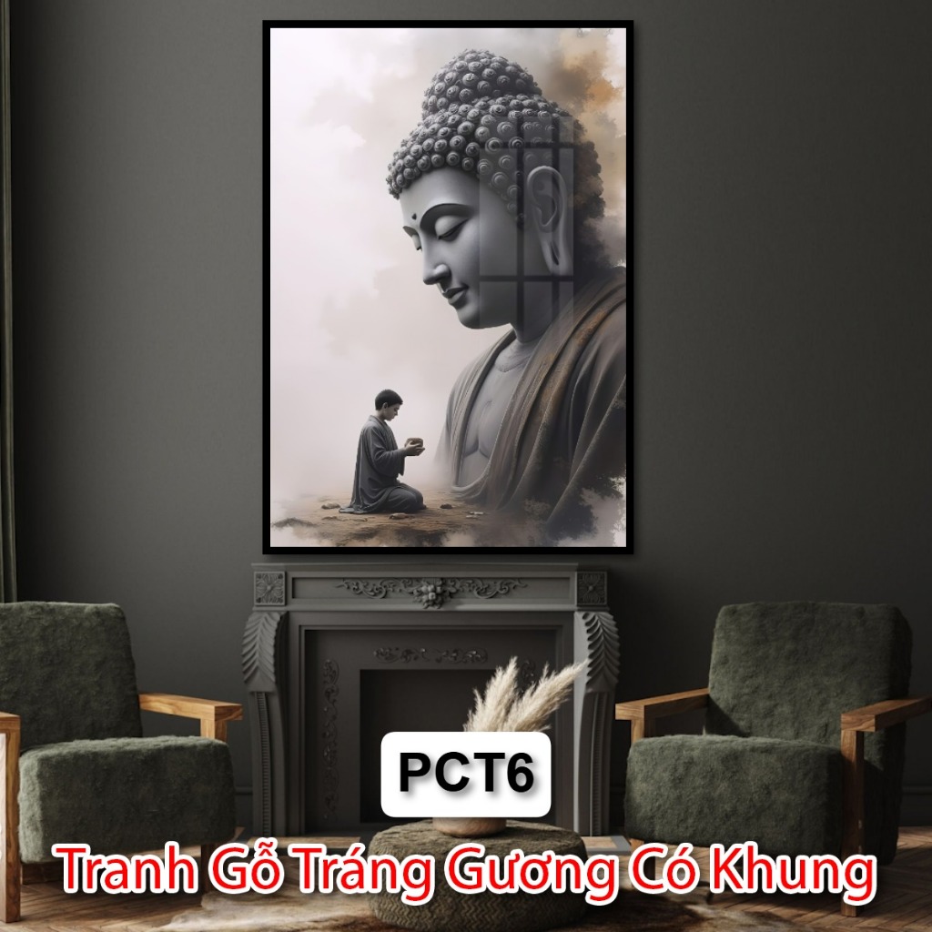 Tranh Gỗ Tráng Gương Phật Giáo Và Chú Tiểu Có Khung - Tranh Treo Phòng Thờ - Tranh Phật Tráng Gương Đẹp