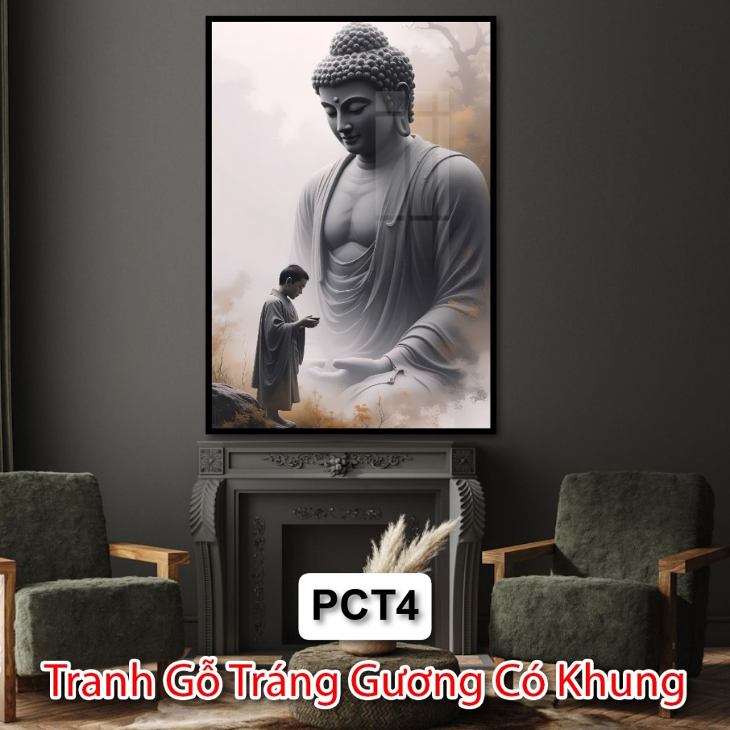 Tranh Gỗ Tráng Gương Phật Giáo Và Chú Tiểu Có Khung - Tranh Treo Phòng Thờ - Tranh Phật Tráng Gương Đẹp