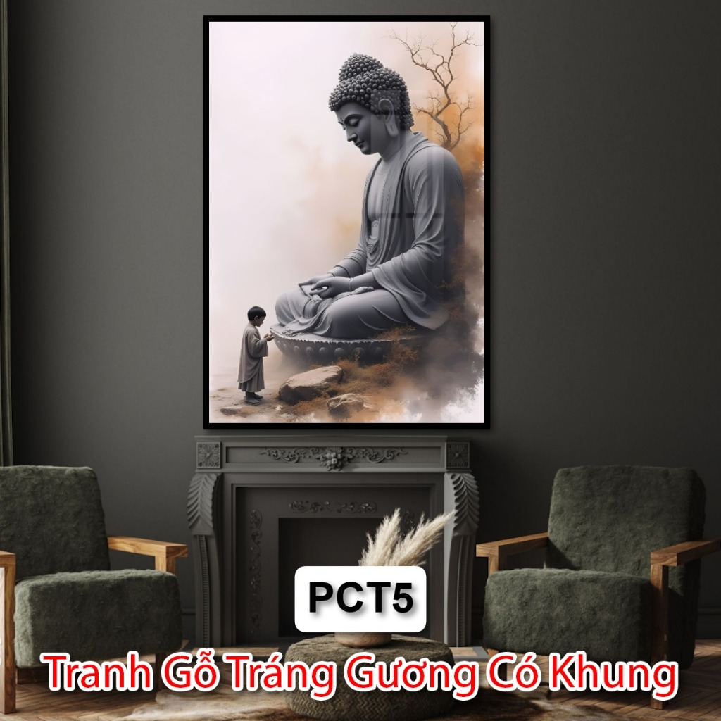 Tranh Gỗ Tráng Gương Phật Giáo Và Chú Tiểu Có Khung - Tranh Treo Phòng Thờ - Tranh Phật Tráng Gương Đẹp