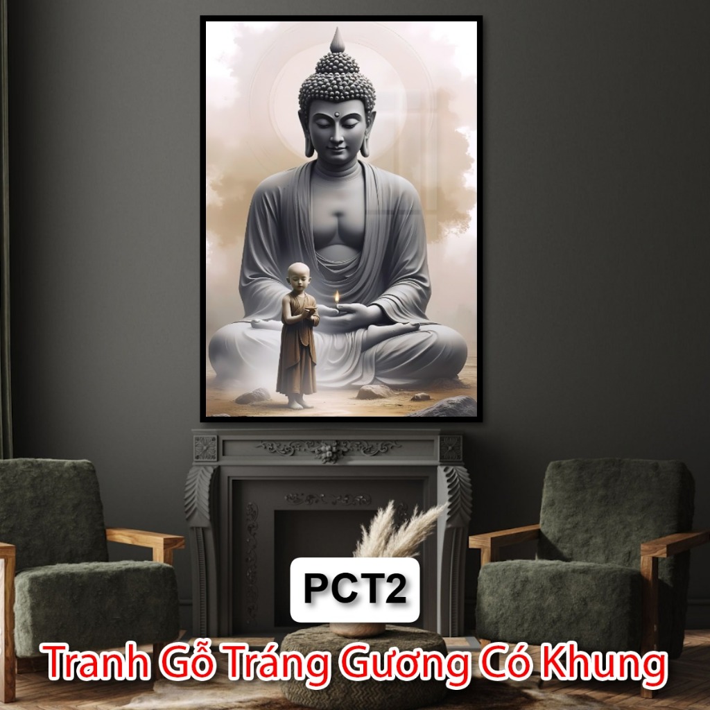 Tranh Gỗ Tráng Gương Phật Giáo Và Chú Tiểu Có Khung - Tranh Treo Phòng Thờ - Tranh Phật Tráng Gương Đẹp