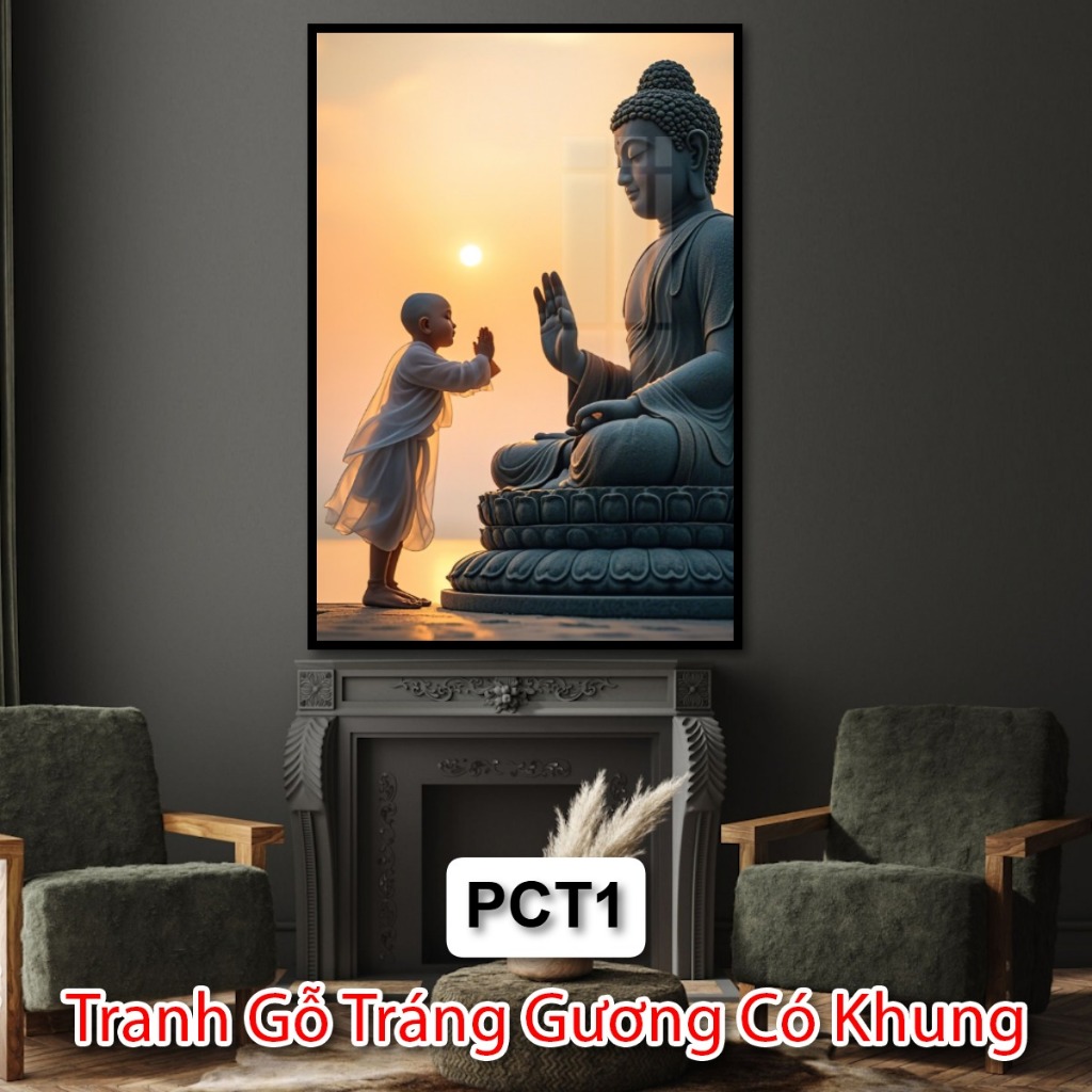 Tranh Gỗ Tráng Gương Phật Giáo Và Chú Tiểu Có Khung - Tranh Treo Phòng Thờ - Tranh Phật Tráng Gương Đẹp