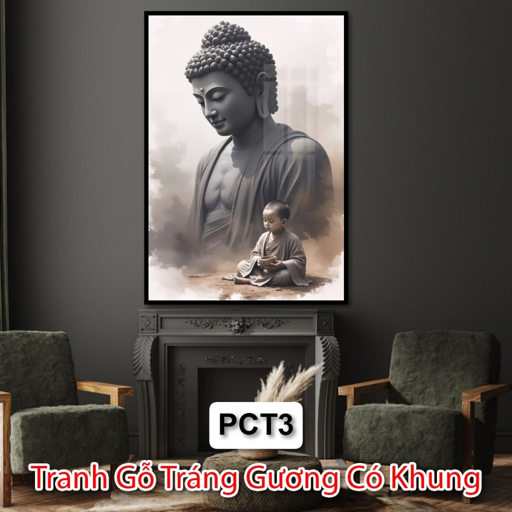 Tranh Gỗ Tráng Gương Phật Giáo Và Chú Tiểu Có Khung - Tranh Treo Phòng Thờ - Tranh Phật Tráng Gương Đẹp