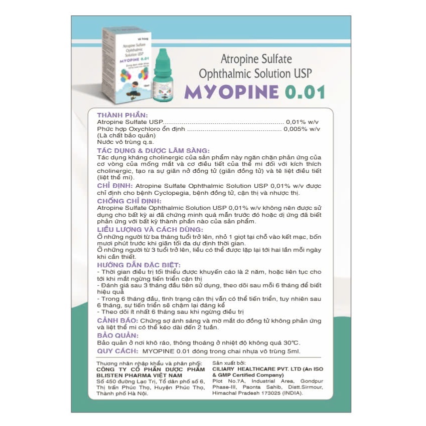 Dung dịch nhỏ mắt MYOPINE 0.01% ( MYOTIC CŨ) giúp kiểm soát cận