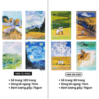 Combo 5/10 Vở Van Gogh Kẻ Ngang Khổ B5 70GSM 80/120 Trang Vở Kẻ Ngang Bìa Chống Nước Viết Bài Vở Viết Cấp 2