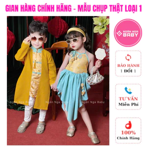 Set gấm vàng tết cho bé trai, bé gái siêu xịn, áo dài và đầm thiết kế Ngân Nga Baby dành dành cho bé