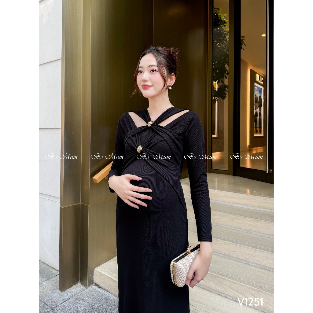Váy Bầu Xoắn Ngực Sang Trọng - Dành Cho Mẹ Bầu Thêm Phần Rực Rỡ cho các sự kiện V1251 - B2MUM