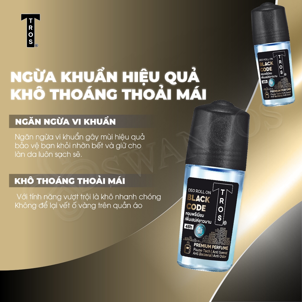 Lăn Khử Mùi Nam TROS BLACK CODE Chống Ố Vàng, Thơm Như Nước Hoa 48H, Dung Tích 25ml & 45ml