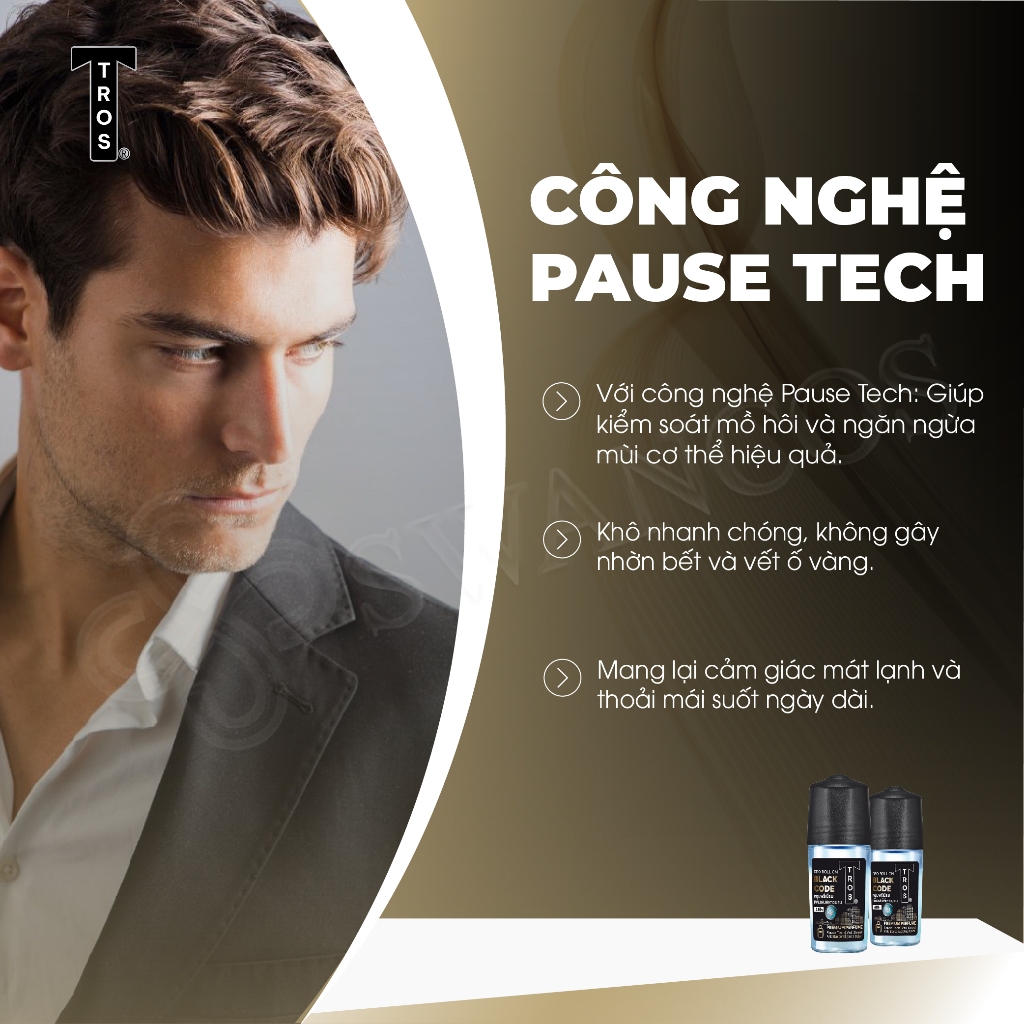Lăn Khử Mùi Nam TROS BLACK CODE Chống Ố Vàng, Thơm Như Nước Hoa 48H, Dung Tích 25ml & 45ml