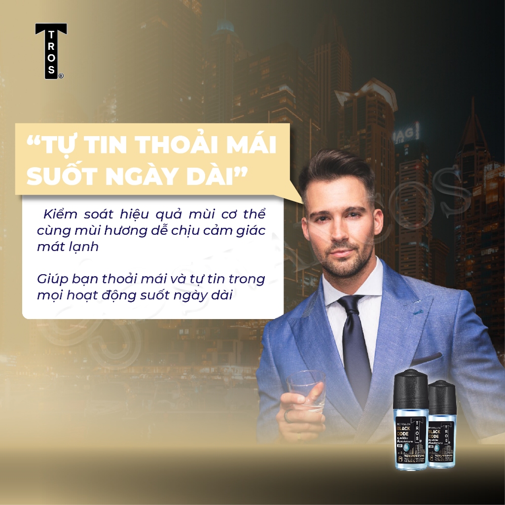 Lăn Khử Mùi Nam TROS BLACK CODE Chống Ố Vàng, Thơm Như Nước Hoa 48H, Dung Tích 25ml & 45ml