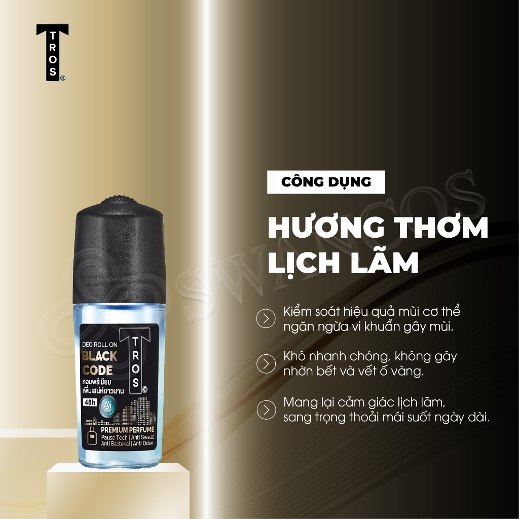 Lăn Khử Mùi Nam TROS BLACK CODE Chống Ố Vàng, Thơm Như Nước Hoa 48H, Dung Tích 25ml & 45ml