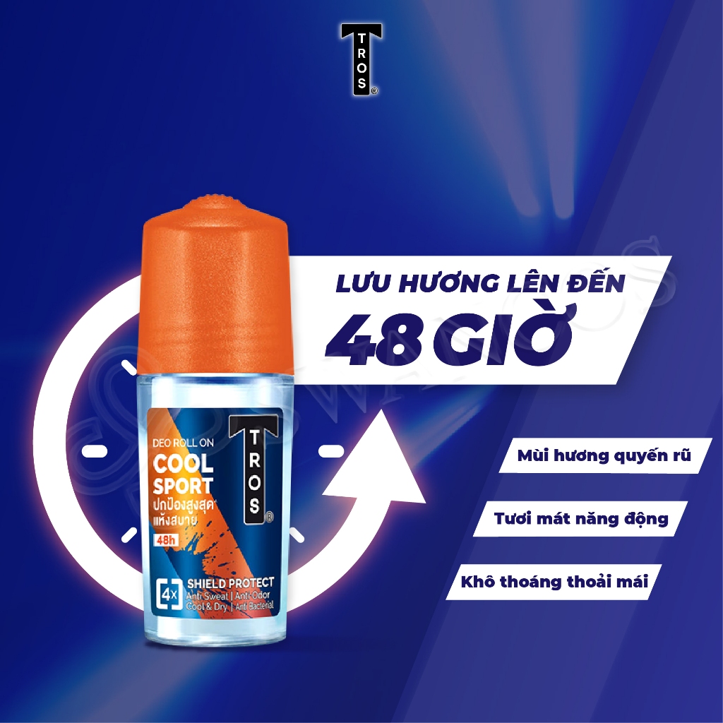 Lăn Khử Mùi Thái Lan TROS COOL SPORT Khử Mùi Hiệu Quả, Khô Thoáng, Hương Thể Thao Năng Động 25ml & 45ml