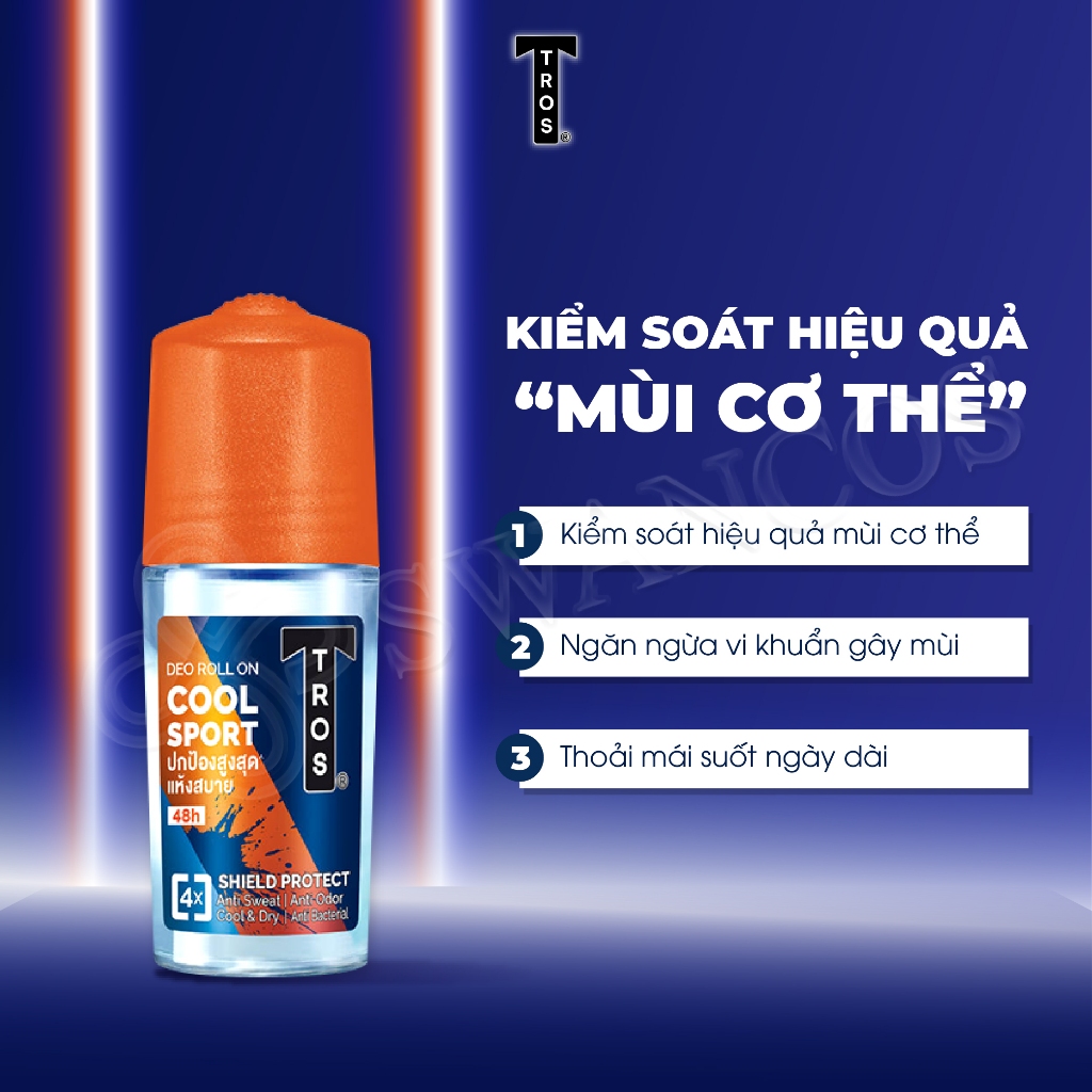 Lăn Khử Mùi Thái Lan TROS COOL SPORT Khử Mùi Hiệu Quả, Khô Thoáng, Hương Thể Thao Năng Động 25ml & 45ml