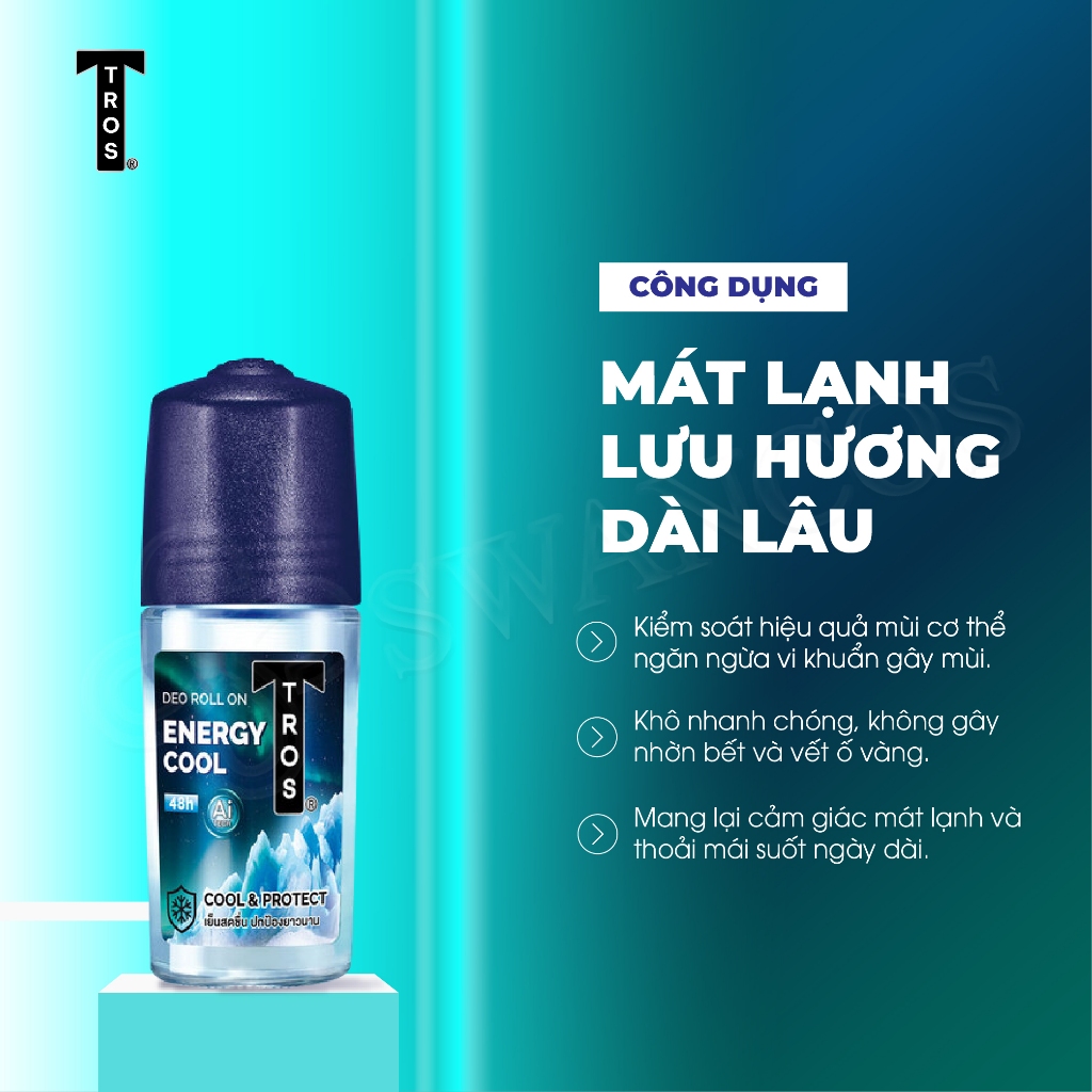 Lăn Khử Mùi Thái Lan TROS ENERGY COOL Kiểm Soát Mùi, Mát Lạnh, Hương Thơm Tươi Mát 25ml và 45ml