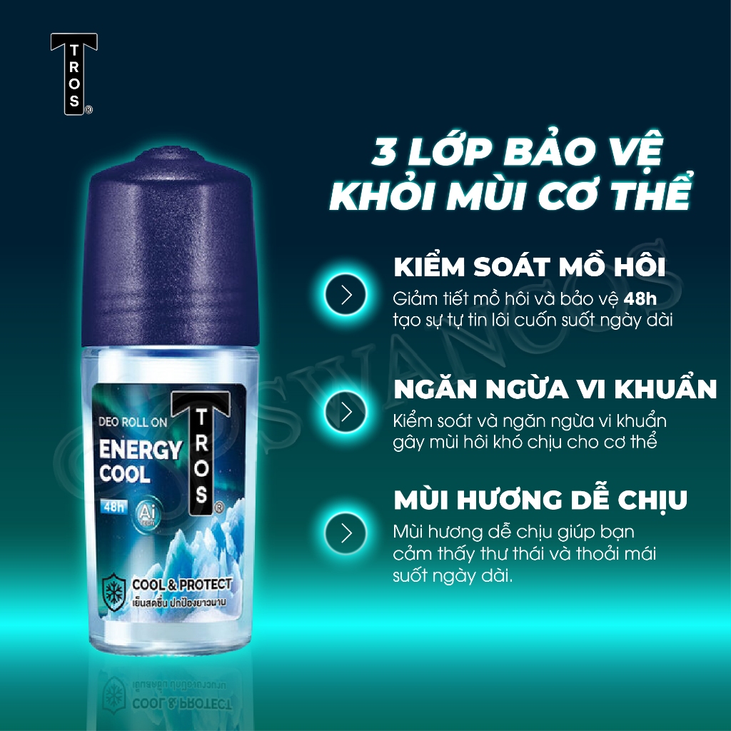 Lăn Khử Mùi Thái Lan TROS ENERGY COOL Kiểm Soát Mùi, Mát Lạnh, Hương Thơm Tươi Mát 25ml và 45ml