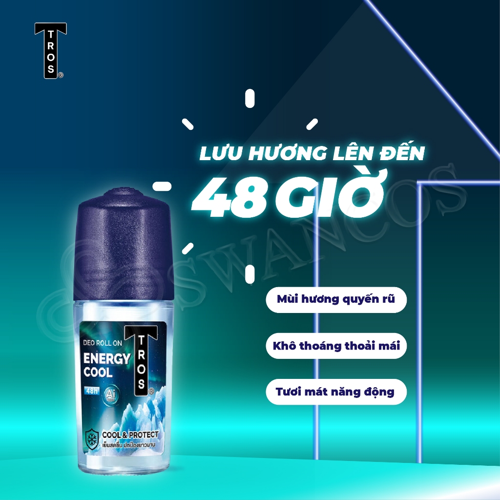 Lăn Khử Mùi Thái Lan TROS ENERGY COOL Kiểm Soát Mùi, Mát Lạnh, Hương Thơm Tươi Mát 25ml và 45ml
