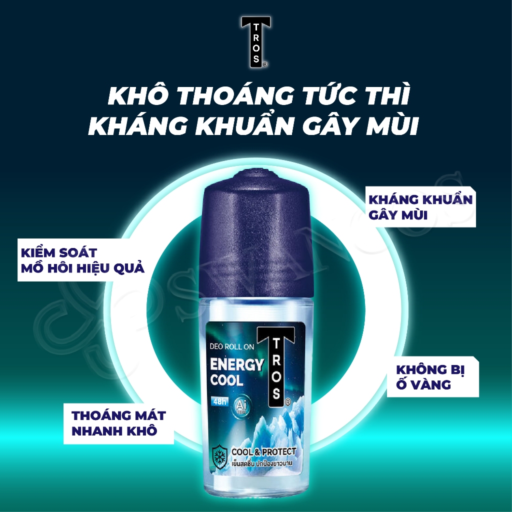 Lăn Khử Mùi Thái Lan TROS ENERGY COOL Kiểm Soát Mùi, Mát Lạnh, Hương Thơm Tươi Mát 25ml và 45ml