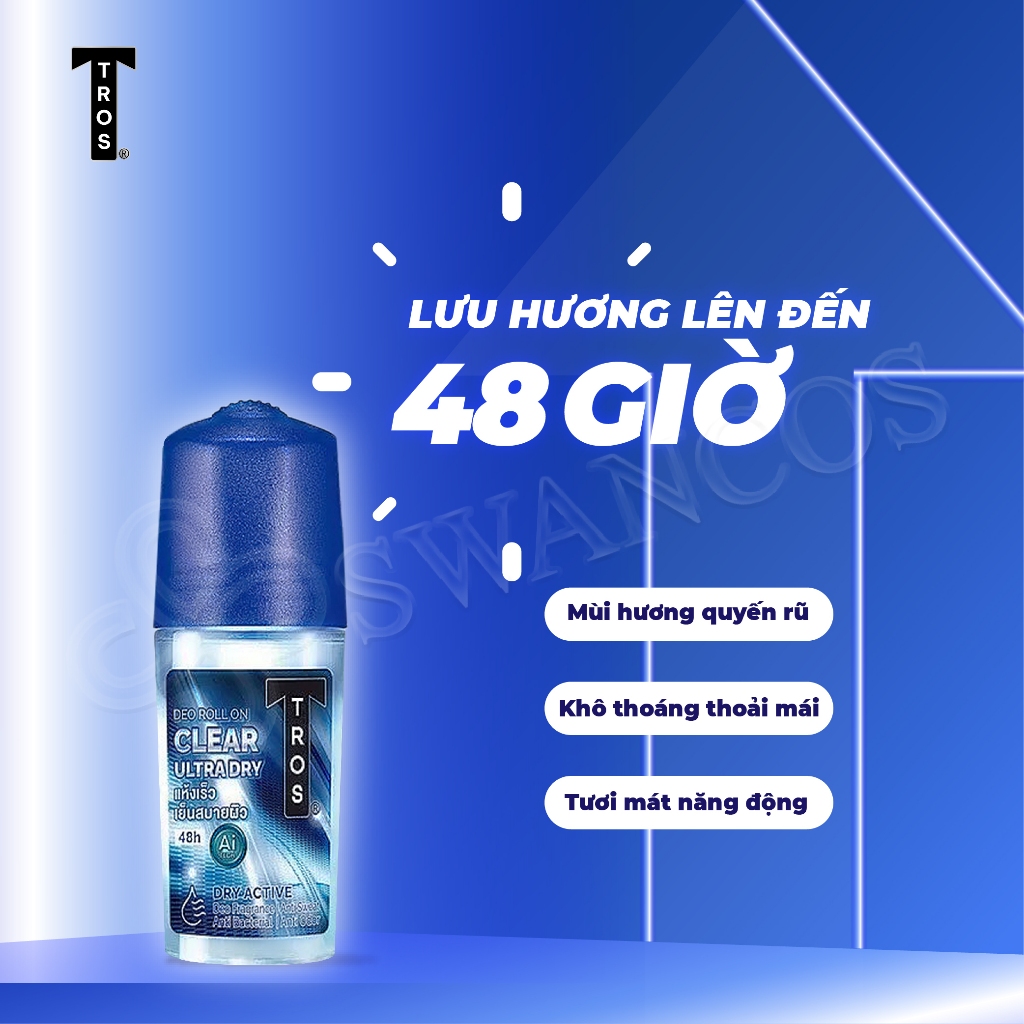 Lăn Khử Mùi Thái Lan TROS CLEAR ULTRA DRY Kiểm Soát Mồ Hôi, Khô Thoáng, Mát Lạnh 25ml & 45ml