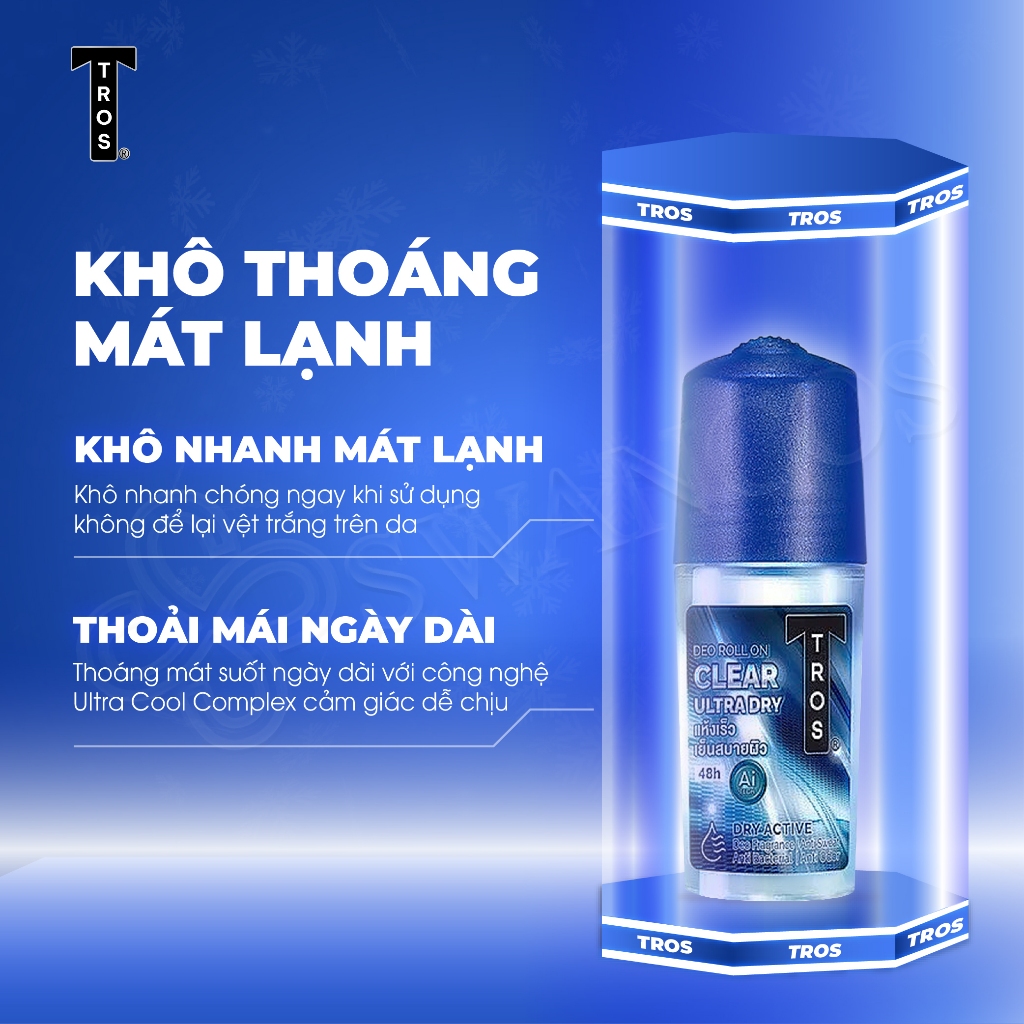 Lăn Khử Mùi Thái Lan TROS CLEAR ULTRA DRY Kiểm Soát Mồ Hôi, Khô Thoáng, Mát Lạnh 25ml & 45ml