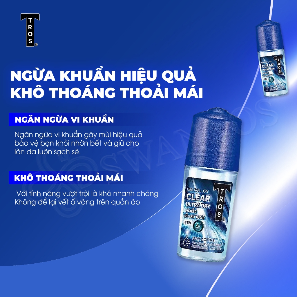 Lăn Khử Mùi Thái Lan TROS CLEAR ULTRA DRY Kiểm Soát Mồ Hôi, Khô Thoáng, Mát Lạnh 25ml & 45ml