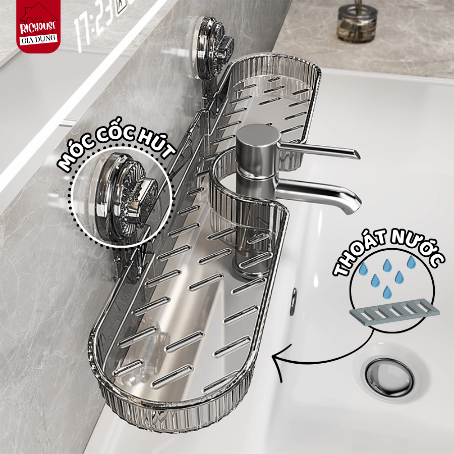 Kệ Gắn Bồn Rửa Mặt Trong Suốt Cốc Hút, Giá Đựng Đồ Nhà Tắm Có Lỗ Thoát Nước Đa Năng