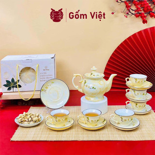 Bộ ấm chén vân đá dáng cát tường đắp nổi thủ công cành mậm cao cấp - Gốm sứ Bát Tràng - Gốm Việt