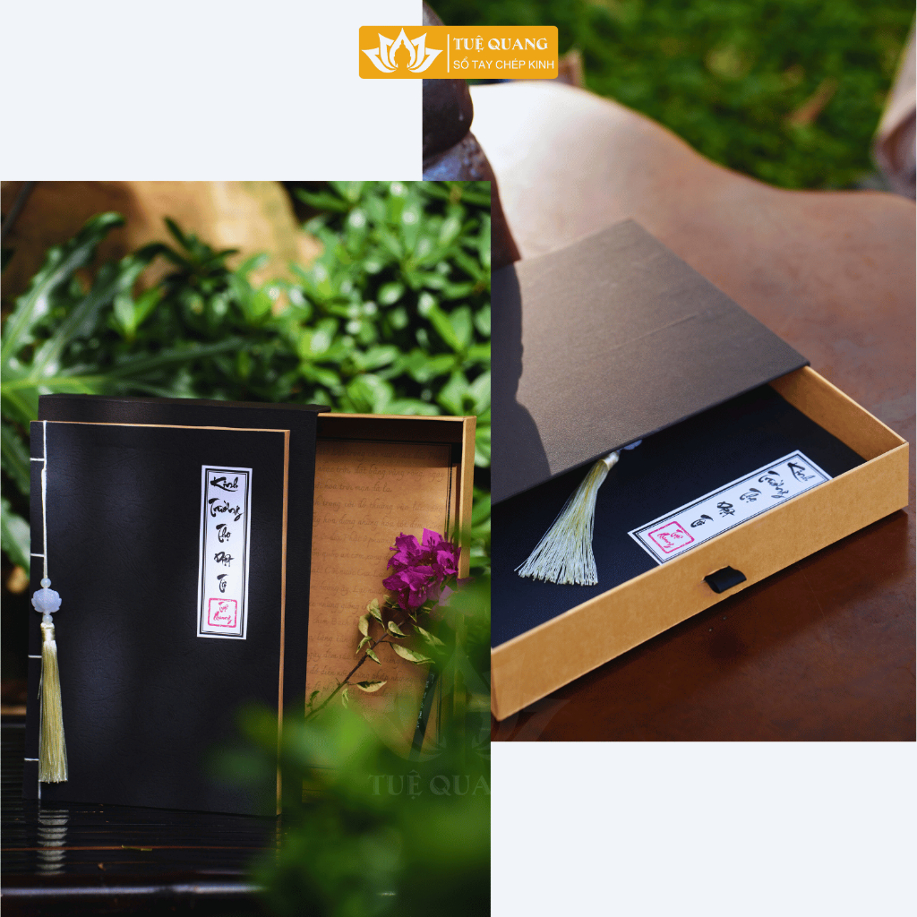 Sách - Sổ tay Chép Kinh Trường Thọ Diệt Tội In Mờ Giấy Cổ Cao Cấp A4, Thành Kính, Vở Cỡ Chữ Lớn