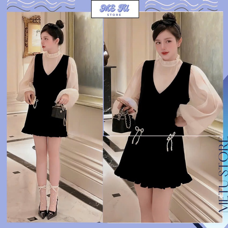 SET ÁO TƠ TAY BỒNG MIX YẾM NHUNG ĐÍNH NƠ NGỌC DÁNG SUÔNG NỮ TÍNH 008