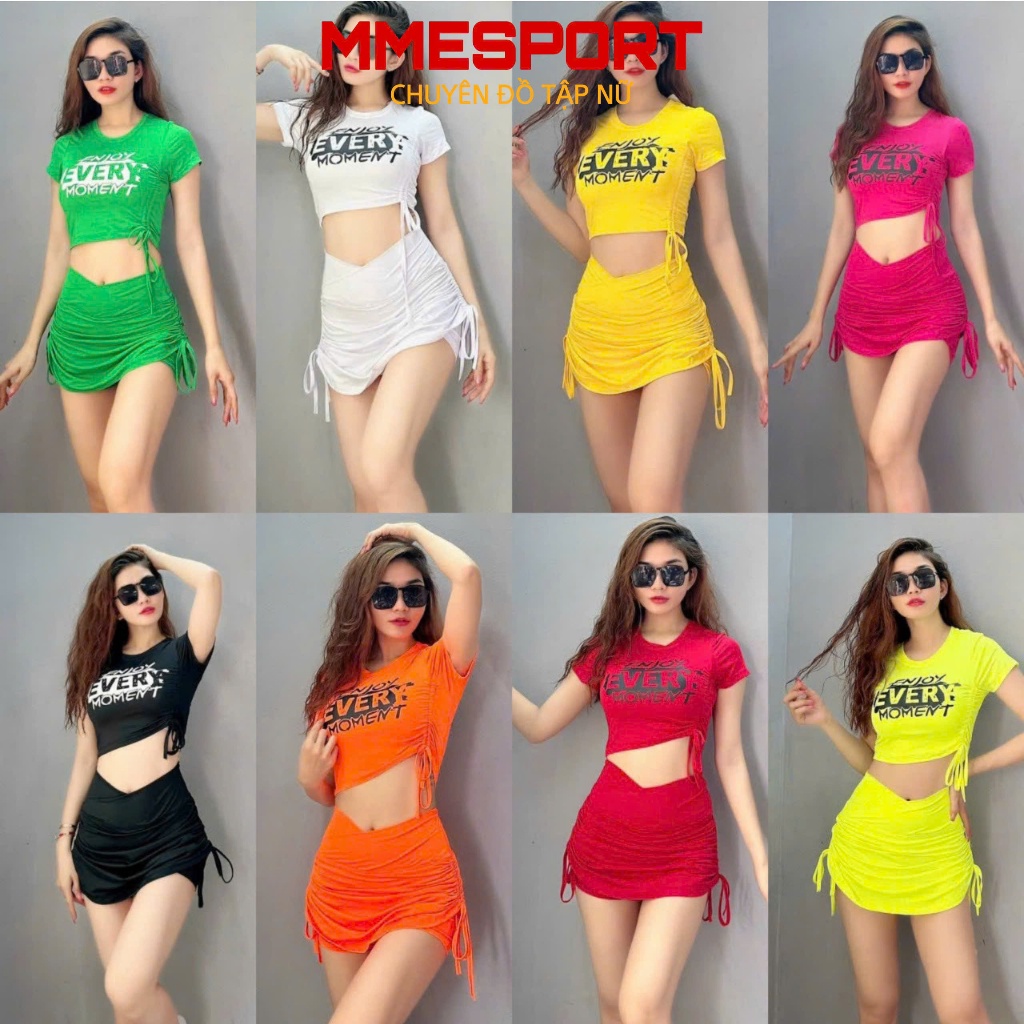 Set đồ tập gym nữ ,yoga nữ áo Croptop rút sườn + váy rút dây ,lưng cao ,nâng mông,thon dáng (Áo rút sườn+ váy rút dây)