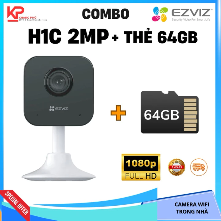 Camera H1C Ezviz 2MP + Thẻ 64GB, camera mini nhỏ gọn, góc rộng, camera wifi trong nhà