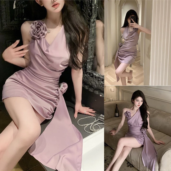 đầm nữ màu tím dự tiệc sẵn hàng , đầm nữ kèm hoa , đầm màu tím , váy tím cho nữ , đầm tiệc cưới .