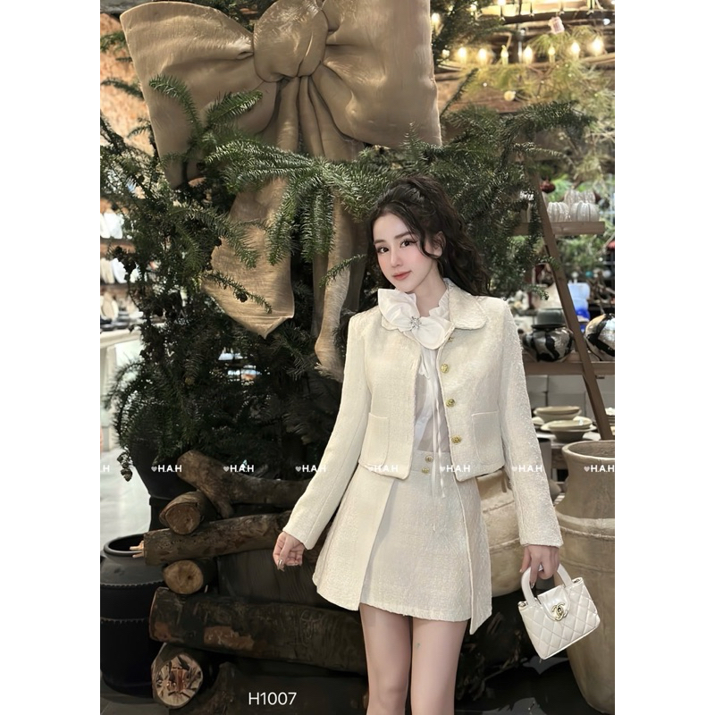 SET ÁO KHOÁC DẠ TWEED CÚC BỌC HOA NƠ VÁY NGẮN KIM TUYẾN-RUBY STORE