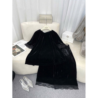 Sét áo nhung the cộc tay phối ren + quần xuông ống rộng dáng lửng trên mắt cá (form to-lùi size)