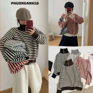 Áo len cổ cao kẻ ngang phối 5 cúc cổ hàng quảng châu 9954