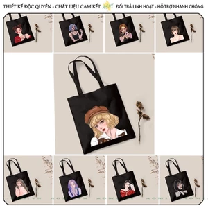 Túi tote vải đen túi vải canvas in hình các cô gái các tính xinh đẹp đựng đồ đi chơi đi học thời trang 35x40 totb02