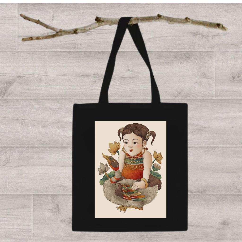 Túi tote vải đen túi vải canvas in hình vải canvas tranh dân gian Việt Nam đựng đồ đi chơi đi học thời trang totb03
