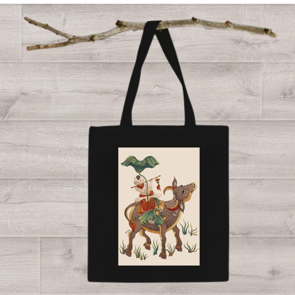 Túi tote vải đen túi vải canvas in hình vải canvas tranh dân gian Việt Nam đựng đồ đi chơi đi học thời trang totb03