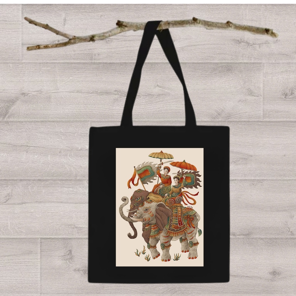 Túi tote vải đen túi vải canvas in hình vải canvas tranh dân gian Việt Nam đựng đồ đi chơi đi học thời trang totb03