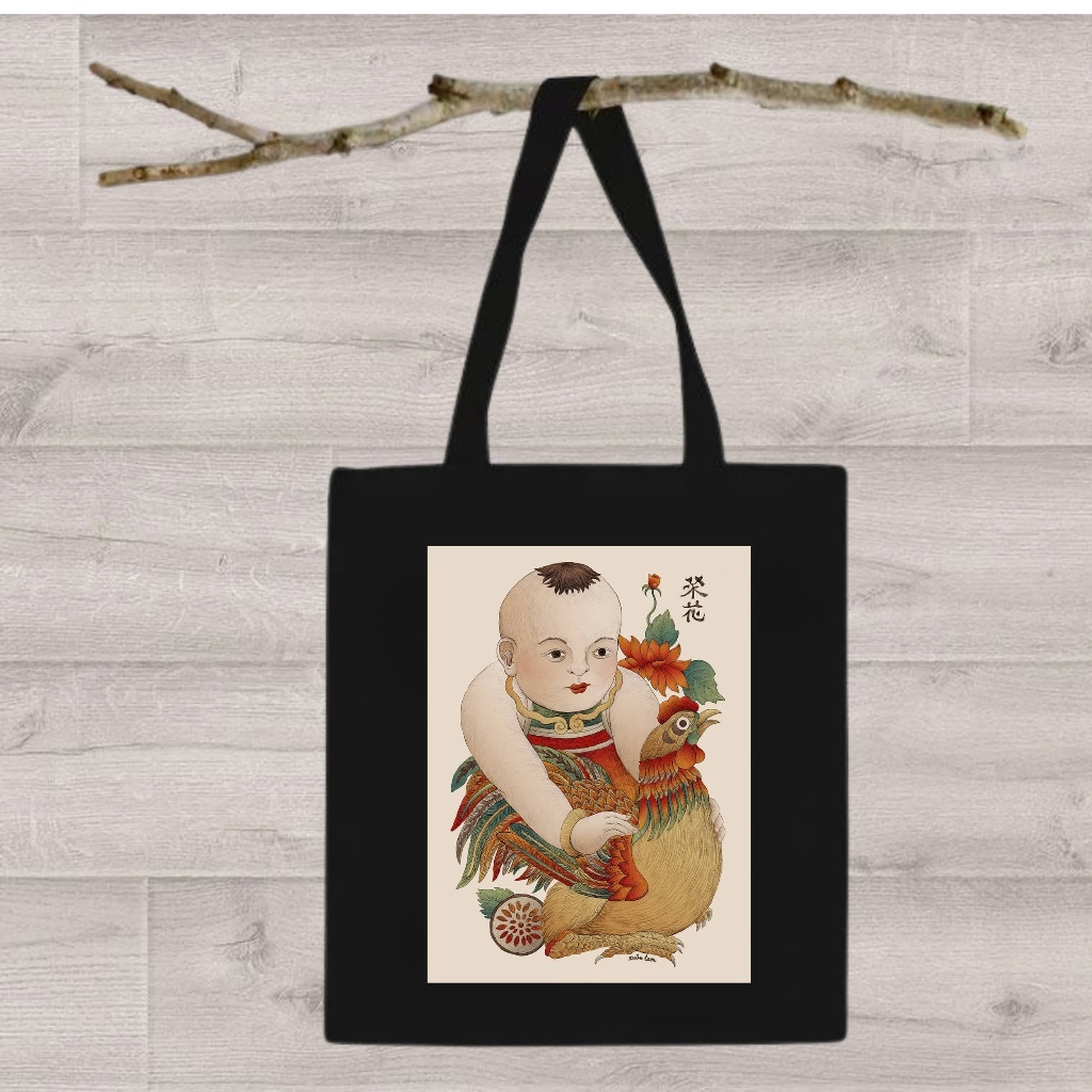 Túi tote vải đen túi vải canvas in hình vải canvas tranh dân gian Việt Nam đựng đồ đi chơi đi học thời trang totb03