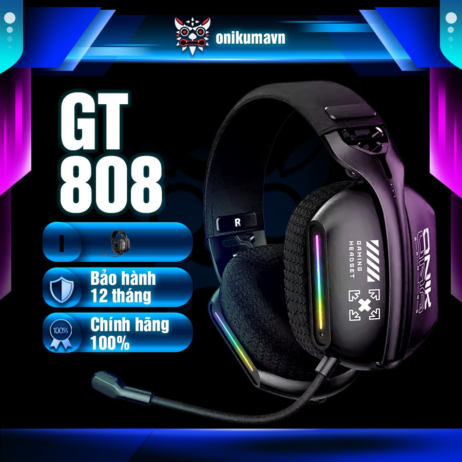 Tai Nghe Gaming ONIKUMA GT808 2.4G, Bluetooth 5.3, Có Dây, Đèn RGB, kèm Mic