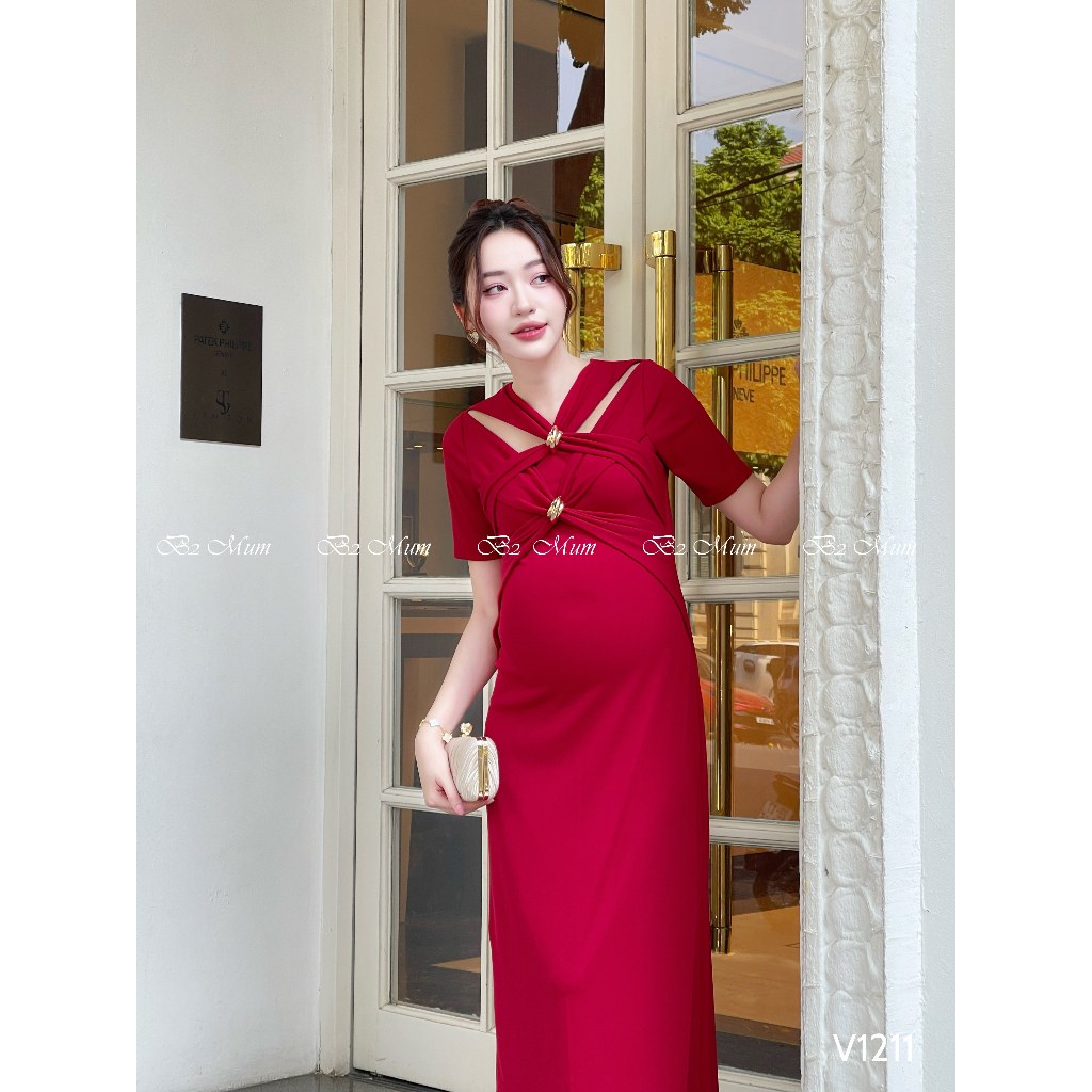 Váy Bầu Xoắn Ngực Côc Tay Thanh Lịch - Dành Cho Mẹ Bầu Thêm Phần Quyến Rũ V1211 thiết kế by B2MUM