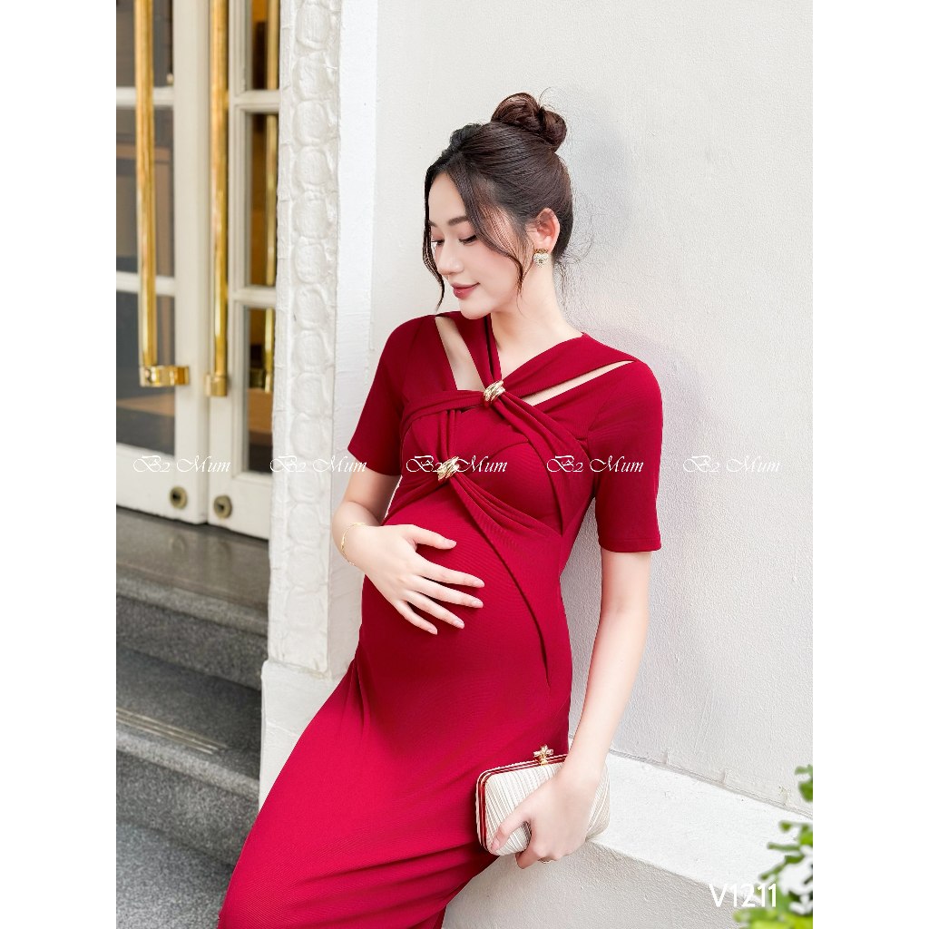 Váy Bầu Xoắn Ngực Côc Tay Thanh Lịch - Dành Cho Mẹ Bầu Thêm Phần Quyến Rũ V1211 thiết kế by B2MUM