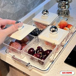Khay Đựng Mứt Tết Bánh Kẹo Chia Ngăn, Hũ Đựng Hoa Quả Nắp Núm Tròn Nhựa Vân Kim Cương Sang Trọng